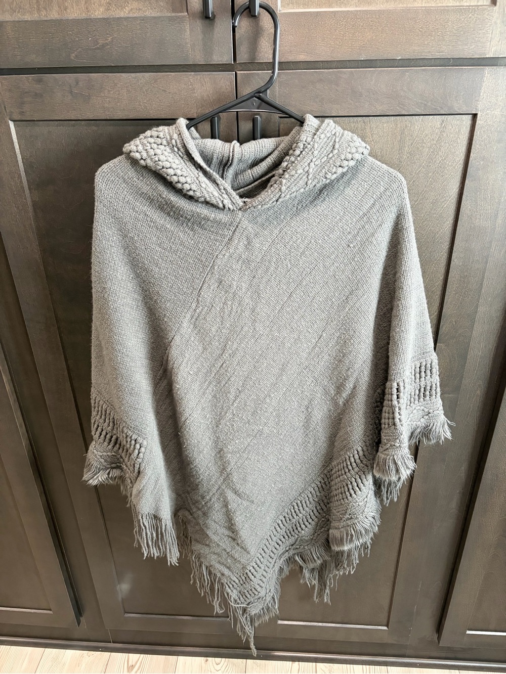 Gray Hooded Knit Poncho Sweater with Fringe